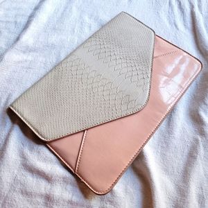 Shesmiss Patent Pink and Tan Crocodile Envelope Clutch